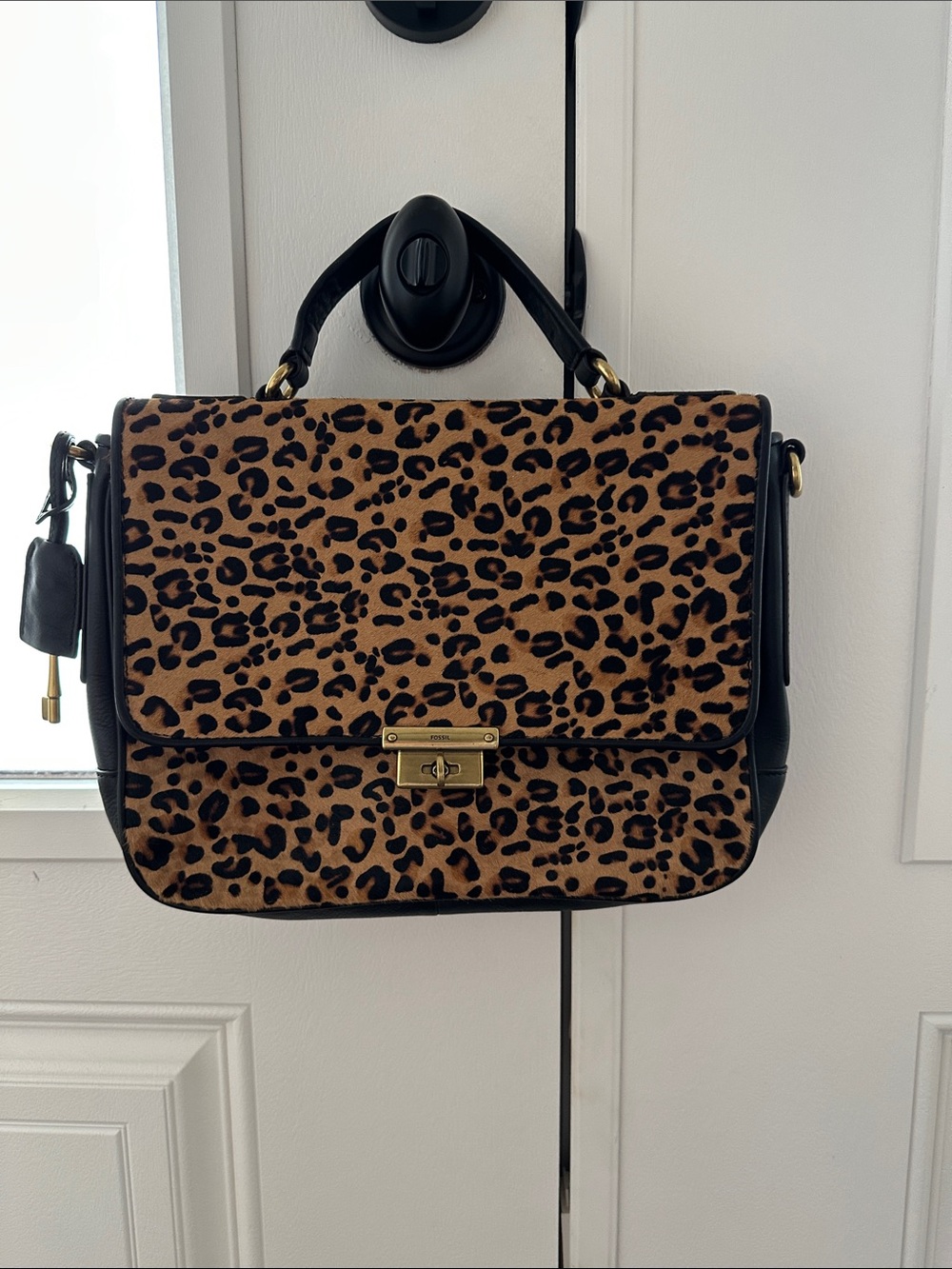 Fossil Leopard Print Top-Handle Satchel - Black Trim